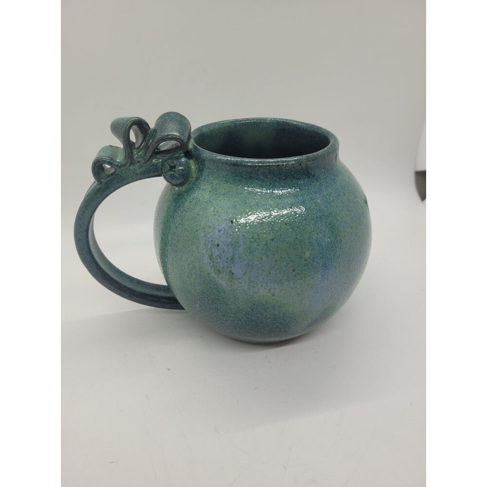 Handthrown Pottery Green Ceramic Mug Ornate Handle Signed Artesian cottage core